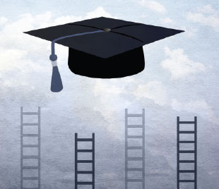 Image of a graduation hat with ladders leading up to the hat