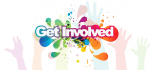 Image of multi-coloured hands raised and the words 'Get involved' across the image